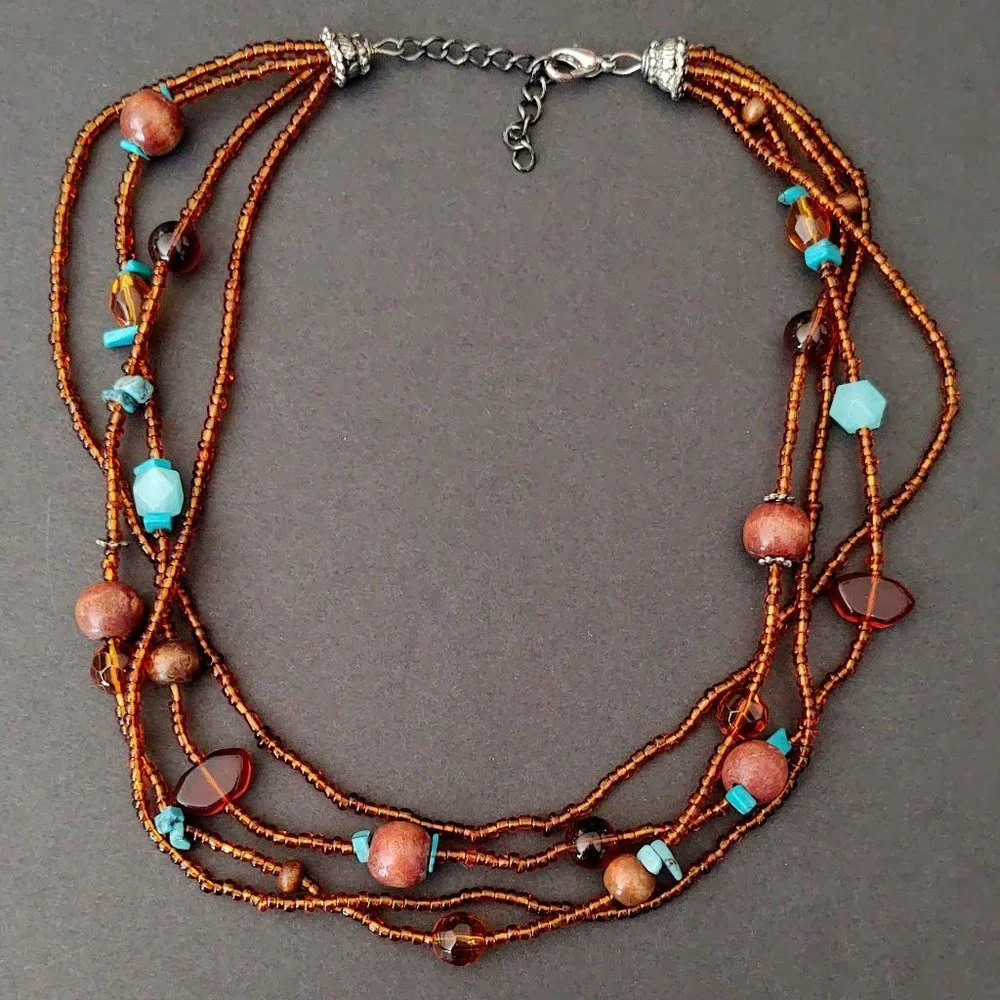 Amber and blue tones-seed bead and wood bead multi strand necklace
